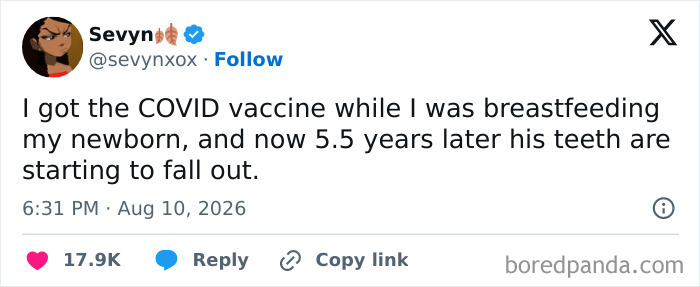 A tweet from Sevyn discussing her newborn's teeth falling out after she got the COVID vaccine while breastfeeding, highlighting the comedy of raising kids.