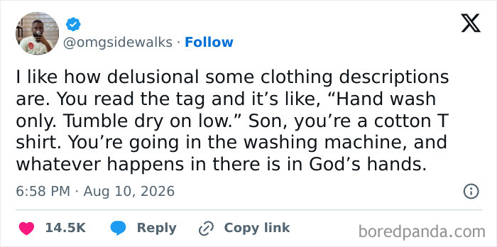 Funny tweets about clothing care labels, keeping the good mood during August.