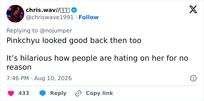 A social media post with a comment about a Goth Baddie and her transformation, generating fan marvel. A social media post with a comment about a Goth Baddie and her transformation, generating fan marvel.