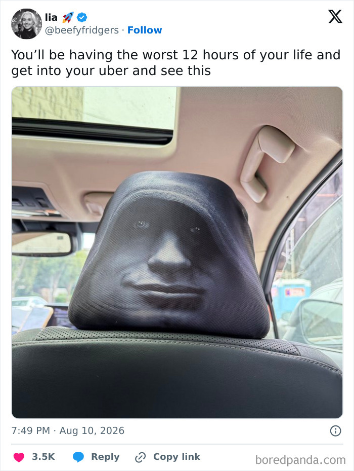 Funny tweet featuring an Uber headrest with a creepy face, keeping the good mood during August.