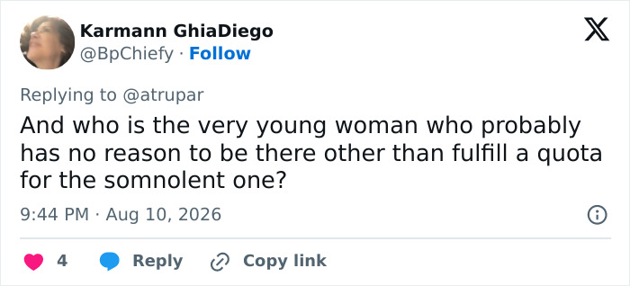 A tweet by Karmann GhiaDiego discussing the mystery woman behind Trump, sparking a wild theory about her presence. A tweet by Karmann GhiaDiego discussing the mystery woman behind Trump, sparking a wild theory about her presence.