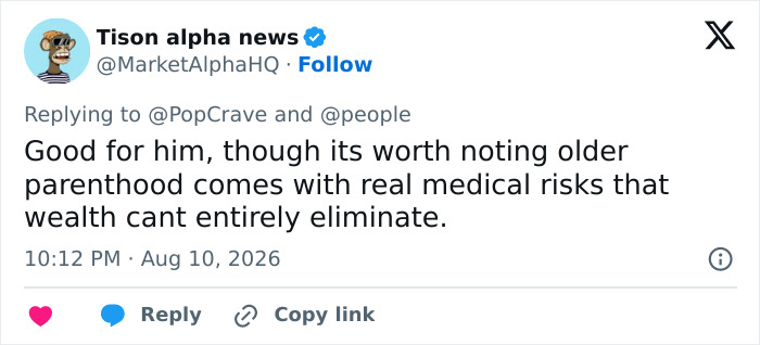 Screenshot of a tweet acknowledging Jon Hamm expecting first child but noting risks with older parenthood. Screenshot of a tweet acknowledging Jon Hamm expecting first child but noting risks with older parenthood.