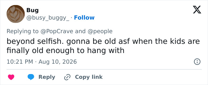 A tweet by Bug calling Jon Hamm and his wife selfish for expecting a child, highlighting his age. A tweet by Bug calling Jon Hamm and his wife selfish for expecting a child, highlighting his age.