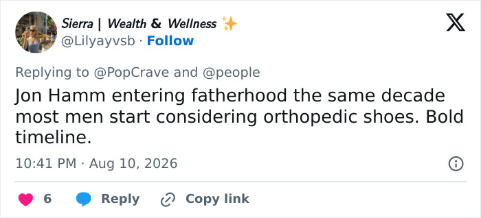 Screenshot of a tweet discussing Jon Hamm expecting first child and skepticism about his age for fatherhood. Screenshot of a tweet discussing Jon Hamm expecting first child and skepticism about his age for fatherhood.