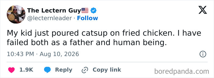 Tweet from The Lectern Guy about his kid pouring ketchup on fried chicken, proving the comedy of raising kids.
