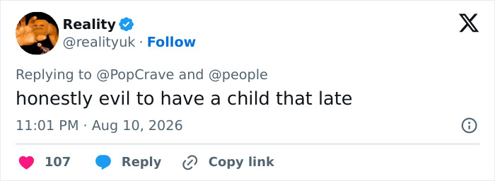 A tweet from a fan calling it 'honestly evil' about Jon Hamm expecting his first child at his older age. A tweet from a fan calling it 'honestly evil' about Jon Hamm expecting his first child at his older age.