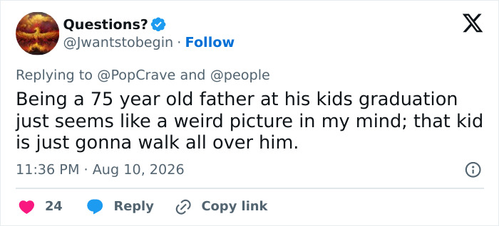 A tweet from a fan expressing skepticism about Jon Hamm expecting his first child, questioning Jon Hamm's age. A tweet from a fan expressing skepticism about Jon Hamm expecting his first child, questioning Jon Hamm's age.