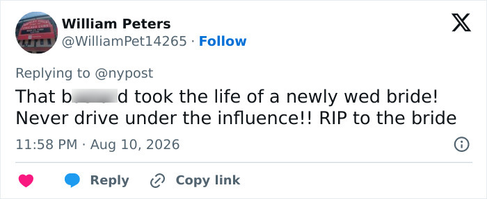 Screenshot of a tweet about the woman taking the bride's life. Screenshot of a tweet about the woman taking the bride's life.