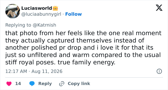 A social media comment praising an unfiltered moment of Prince William and Kate Middleton's marriage, comparing photos. A social media comment praising an unfiltered moment of Prince William and Kate Middleton's marriage, comparing photos.