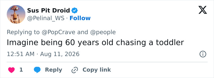 Screenshot of a tweet imagining the challenges of Jon Hamm expecting first child at an older age. Screenshot of a tweet imagining the challenges of Jon Hamm expecting first child at an older age.
