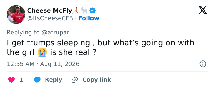 Tweet by Cheese McFly asking if the mystery woman is real, noting her strange gesture. Tweet by Cheese McFly asking if the mystery woman is real, noting her strange gesture.