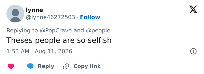 A tweet by lynne calling Jon Hamm and his wife selfish for expecting their first child at his age. A tweet by lynne calling Jon Hamm and his wife selfish for expecting their first child at his age.