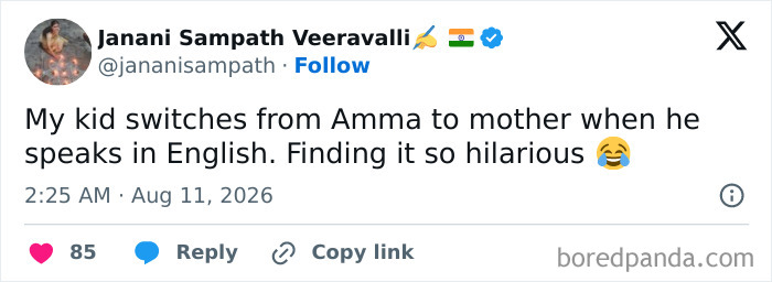 A tweet from Janani Sampath Veeravalli finding the comedy in her kid switching between Amma and mother.