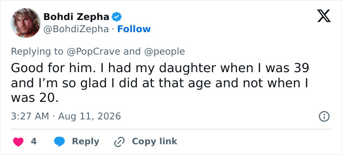 A social media post with a fan supporting Jon Hamm expecting his first child, sharing a personal experience about age. A social media post with a fan supporting Jon Hamm expecting his first child, sharing a personal experience about age.