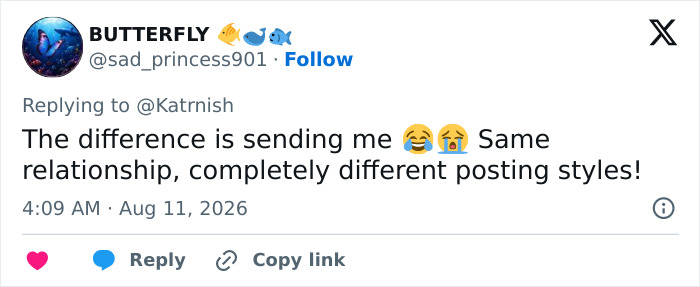 A social media comment discussing the different posting styles in Prince William and Kate Middleton's marriage. A social media comment discussing the different posting styles in Prince William and Kate Middleton's marriage.