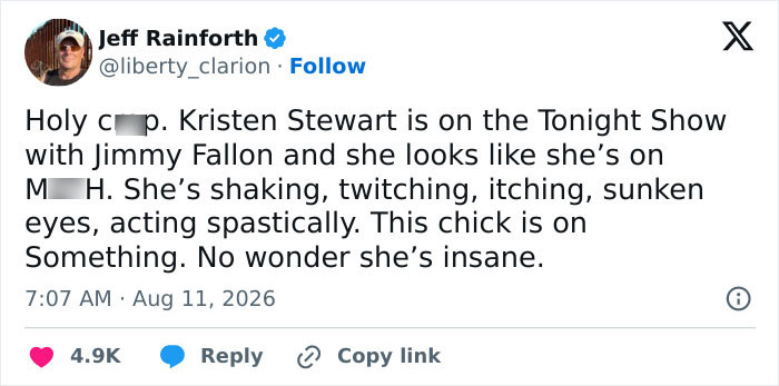 Screenshot of a tweet speculating about Kristen Stewart's unsettling appearance on Jimmy Fallon Show.