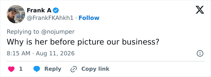 Tweet by Frank A asking why a Goth Baddie's old photos are public business, highlighting her transformation. Tweet by Frank A asking why a Goth Baddie's old photos are public business, highlighting her transformation.