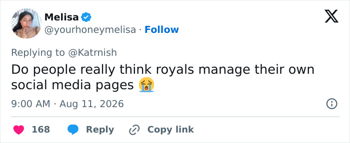 A tweet questioning if royals manage their own social media, discussing Prince William and Kate Middleton's marriage. A tweet questioning if royals manage their own social media, discussing Prince William and Kate Middleton's marriage.