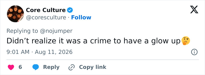 Tweet by Core Culture marveling at the goth baddie's transformation and asking if a glow up is a crime. Tweet by Core Culture marveling at the goth baddie's transformation and asking if a glow up is a crime.