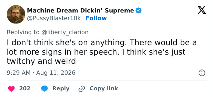 A Twitter comment by Machine Dream Dickin' Supreme about Kristen Stewart's unsettling appearance on Jimmy Fallon, speculating she's twitchy and weird, not on d***s.