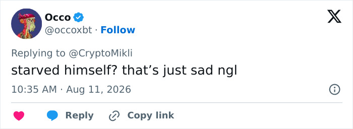 Tweet by Occo expressing sadness about a Hollywood star starving himself. Tweet by Occo expressing sadness about a Hollywood star starving himself.