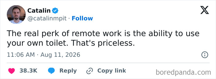 A tweet from Catalin discussing the real perk of remote work as using your own toilet, capturing the absurdity of having a job.