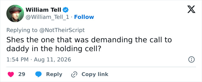 A tweet asking if the daughter was demanding a jailhouse call to daddy after ending a bride's life. A tweet asking if the daughter was demanding a jailhouse call to daddy after ending a bride's life.