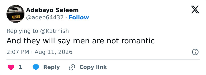 A social media comment about men being romantic, referencing Prince William and Kate Middleton's marriage. A social media comment about men being romantic, referencing Prince William and Kate Middleton's marriage.