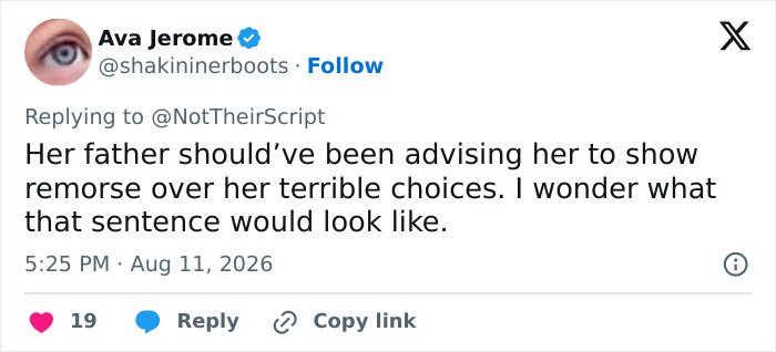 A screenshot of a tweet from Ava Jerome advising the drunken daughter to show remorse for her actions. A screenshot of a tweet from Ava Jerome advising the drunken daughter to show remorse for her actions.