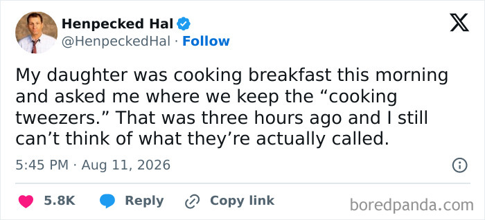 A tweet about kids and the comedy of cooking tweezers from Henpecked Hal.