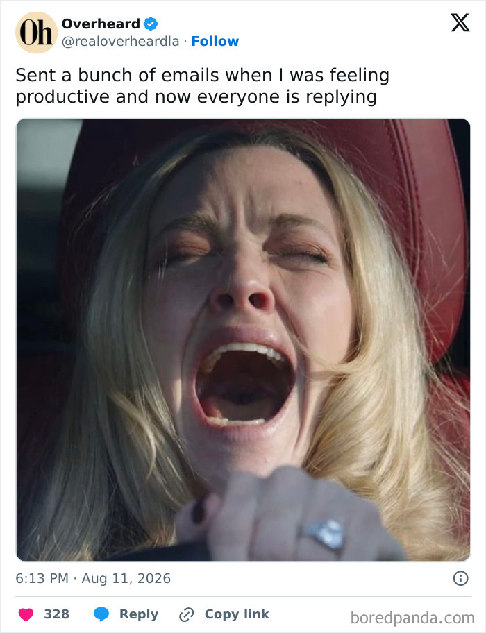 A woman screaming in a car, capturing the absurdity of having a job and receiving too many email replies.