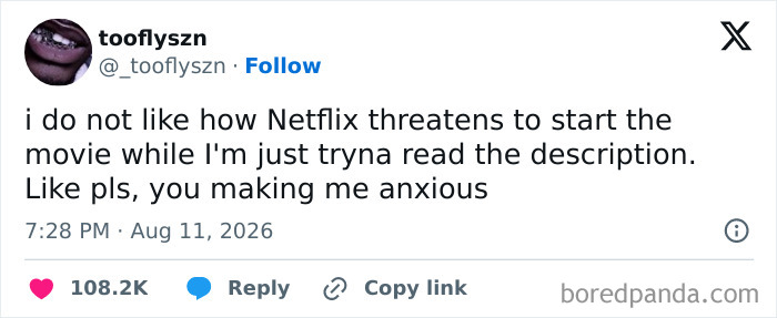 A funny tweet by tooflyszn about Netflix starting movies too soon, making her anxious, keeping up the good mood.