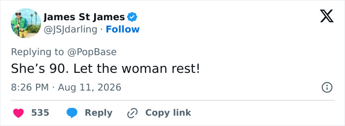 A tweet saying a legendary actress is 90 and should rest, referring to The Princess Diaries 3. A tweet saying a legendary actress is 90 and should rest, referring to The Princess Diaries 3.