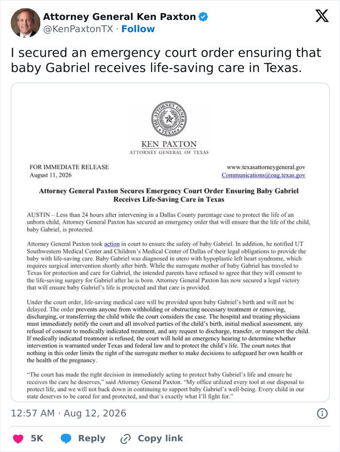 An official document from Attorney General Ken Paxton about securing an emergency court order to save baby Gabriel.