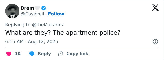 A social media comment asking if the couple questioning the Black hairstylist in the apartment building are apartment police. A social media comment asking if the couple questioning the Black hairstylist in the apartment building are apartment police.