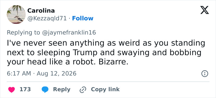 Tweet remarking on the mystery woman behind Trump's strange gesture and a wild theory.
