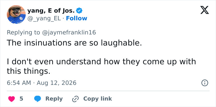A social media post from 'yang, E of Jos.' finding the theories about the mystery woman behind Trump laughable.