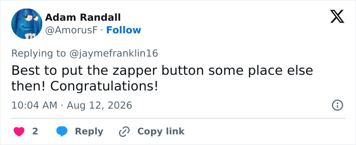 Adam Randall tweet on the mystery woman behind Trump, humorously suggesting a different placement for a zapper button.