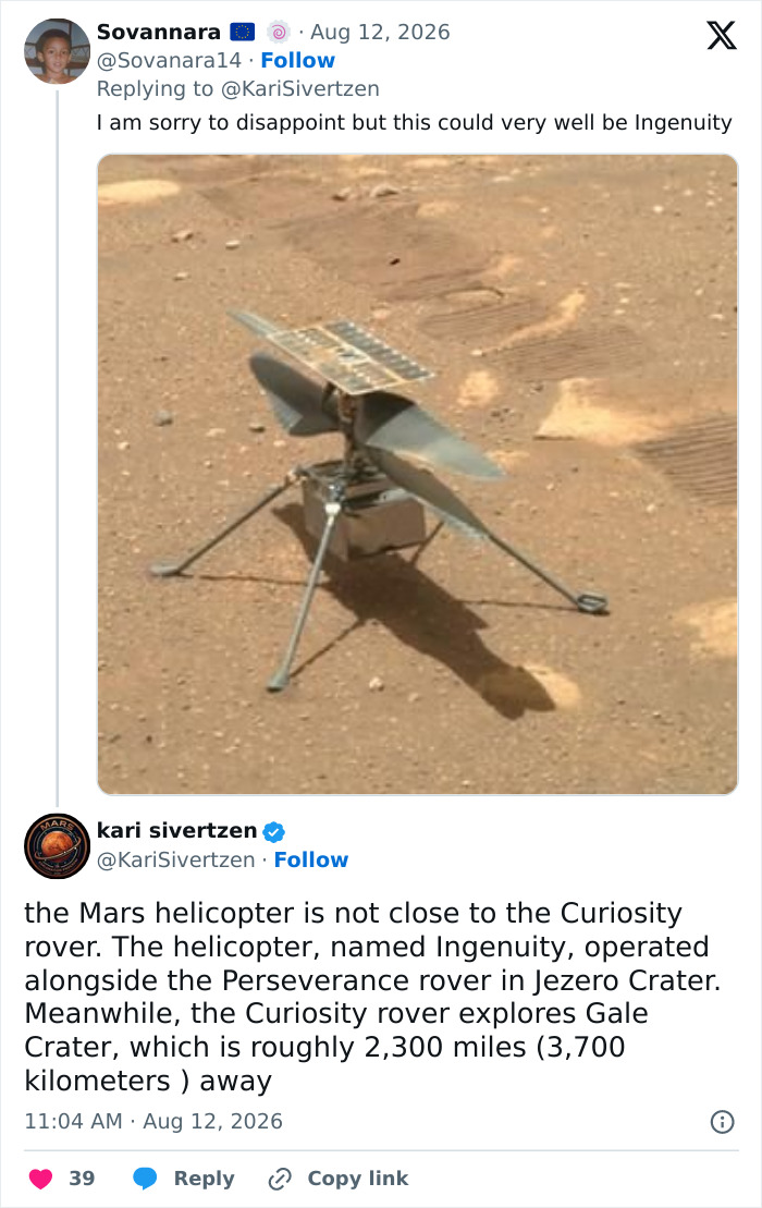 Tweet from @Sovanara14 with an image of NASA's Ingenuity helicopter on Mars, clarifying its location. No jellyfish. Tweet from @Sovanara14 with an image of NASA's Ingenuity helicopter on Mars, clarifying its location. No jellyfish.
