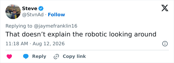 Tweet from Steve mentioning robotic looking around, referring to the mystery woman's strange gesture.