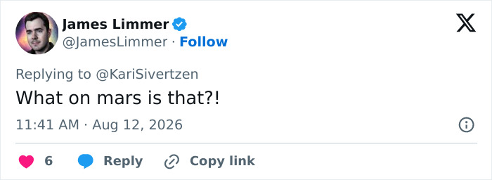 A tweet by James Limmer expressing surprise, asking What on mars is that? about the NASA Mars photo. A tweet by James Limmer expressing surprise, asking What on mars is that? about the NASA Mars photo.