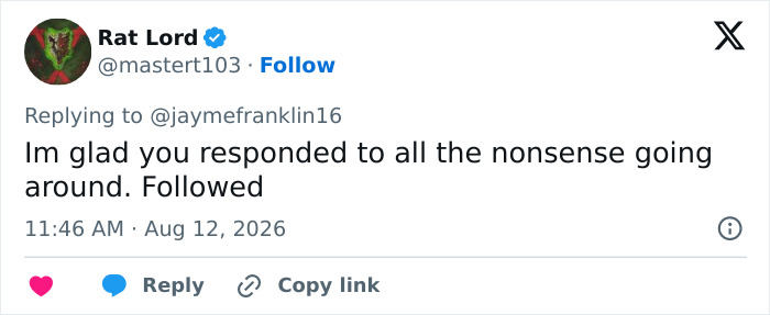 Tweet from Rat Lord responding to nonsense, mentioning the strange gesture behind Trump.