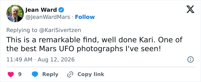 A social media post praising a Mars UFO photograph with a jellyfish-like object. A social media post praising a Mars UFO photograph with a jellyfish-like object.