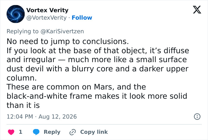 A social media post explaining the jellyfish-like object in the NASA Mars photo as a Martian dust devil. A social media post explaining the jellyfish-like object in the NASA Mars photo as a Martian dust devil.