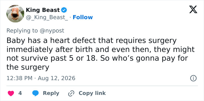 A tweet discussing the baby's heart defect and surgery costs, related to the surrogate's efforts to save the baby.