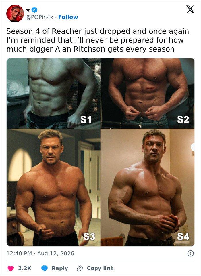 Alan Ritchson's shirtless moment compilation across four seasons (S1-S4), showing his increasing muscularity. Alan Ritchson's shirtless moment compilation across four seasons (S1-S4), showing his increasing muscularity.