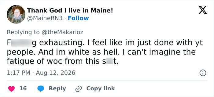 A social media comment from a white individual expressing exhaustion and empathy for women of color regarding the Black hairstylist incident. A social media comment from a white individual expressing exhaustion and empathy for women of color regarding the Black hairstylist incident.