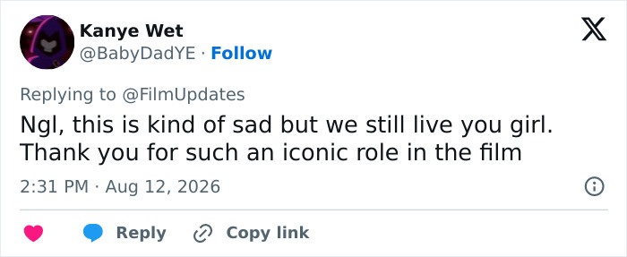 Tweet expressing sadness for the legendary actress and her iconic role in Princess Diaries. Tweet expressing sadness for the legendary actress and her iconic role in Princess Diaries.