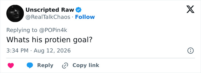 Tweet by Unscripted Raw, asking about Alan Ritchson's protein goal, referring to his shirtless moment. Tweet by Unscripted Raw, asking about Alan Ritchson's protein goal, referring to his shirtless moment.