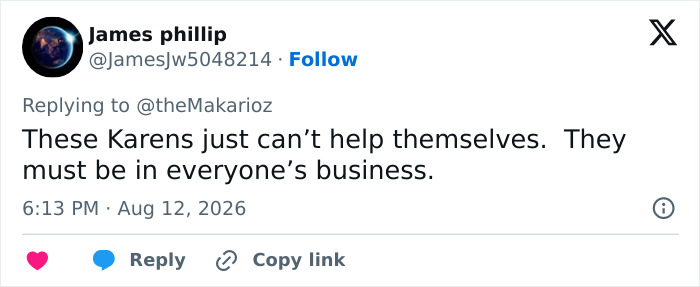 A social media post from James Phillip criticizing a white couple as 'Karens' for being nosy. A social media post from James Phillip criticizing a white couple as 'Karens' for being nosy.